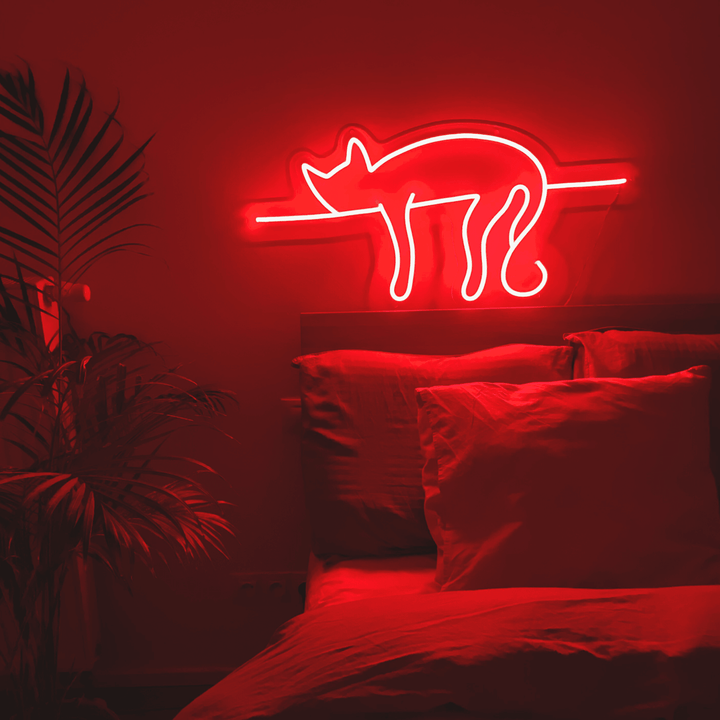 LED neonový nápis na zeď ležící kočka nad postelí v červené barvě